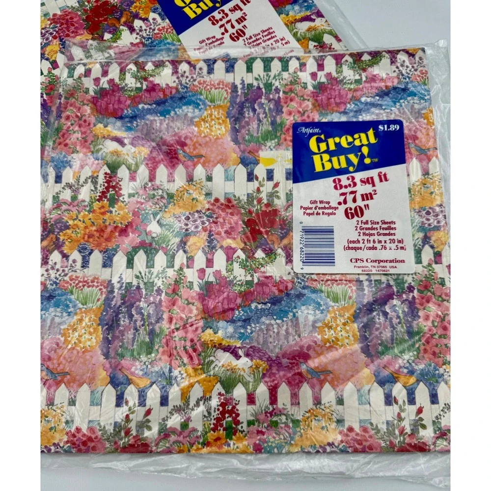 Vintage Artfaire Floral Garden Gift Wrap 2 Pk Sealed Picket Fence Craft Paper